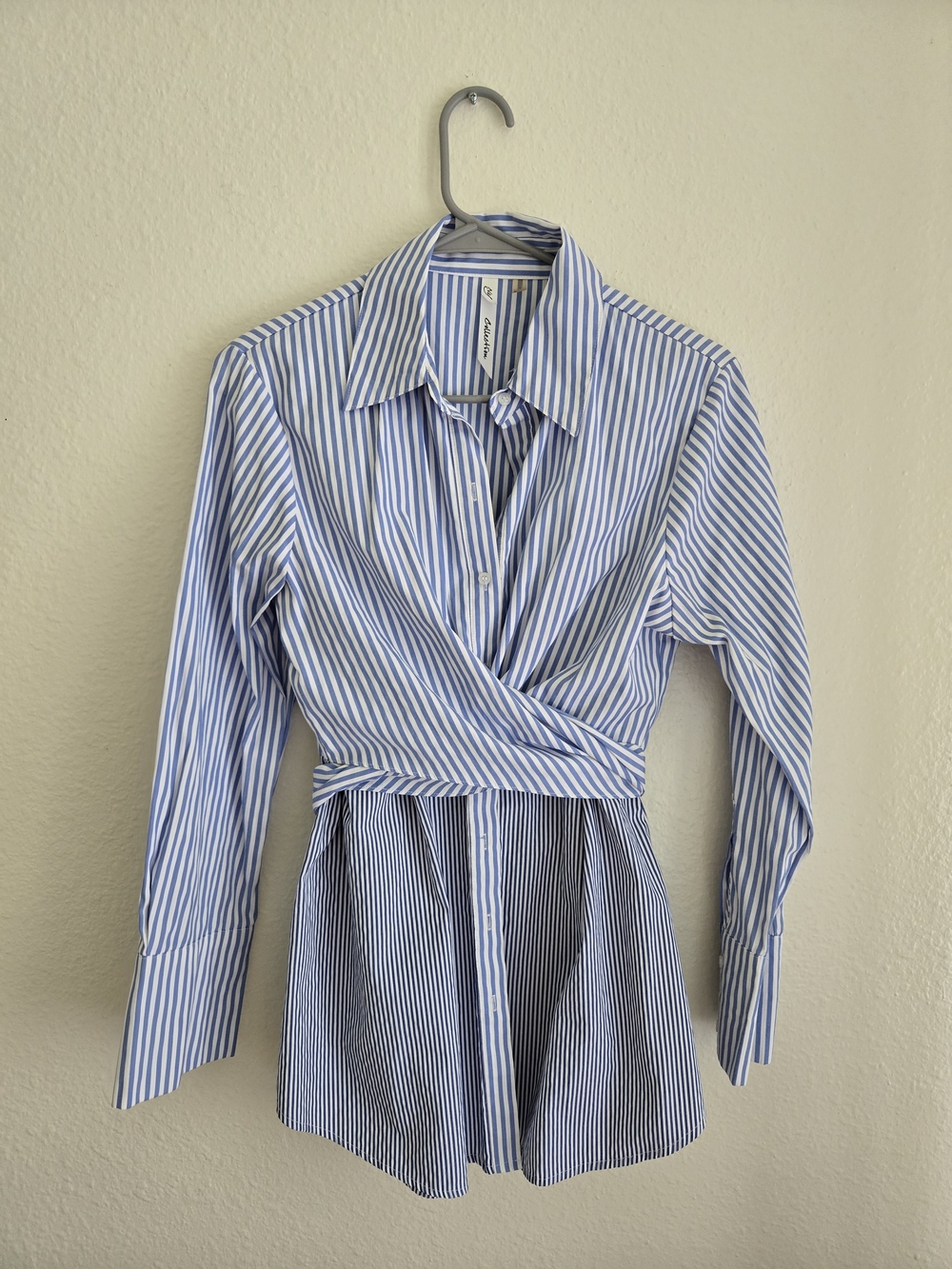 NY Collection Blue and White Striped Button-Down Wrap Shirt